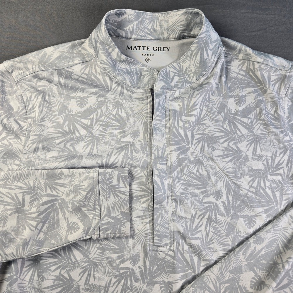 Matte Grey Men's Large Quarter Zip Pullover Golf Shirt Palm Print Grey White L